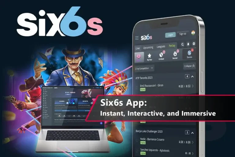 A smartphone displaying the Six6s App interface with live sports updates and betting options.